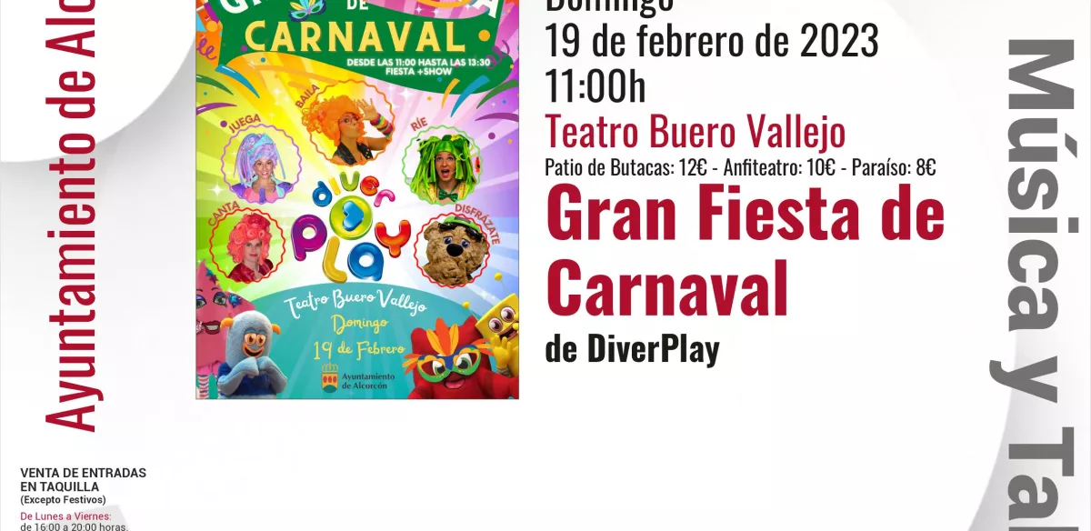 Domingo 19 de febrero  11:00h. Gran fiesta de carnaval con DIVERPLAY