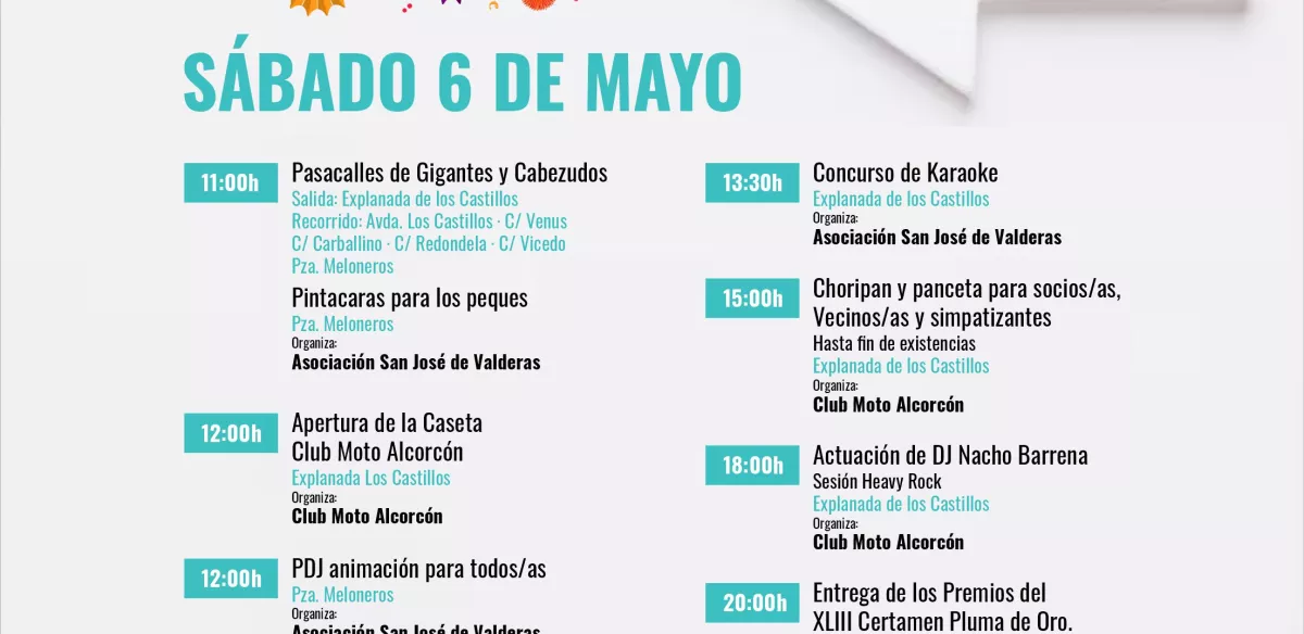 Actividades Fiestas San José de Valderas.  Sábado 6 de mayo